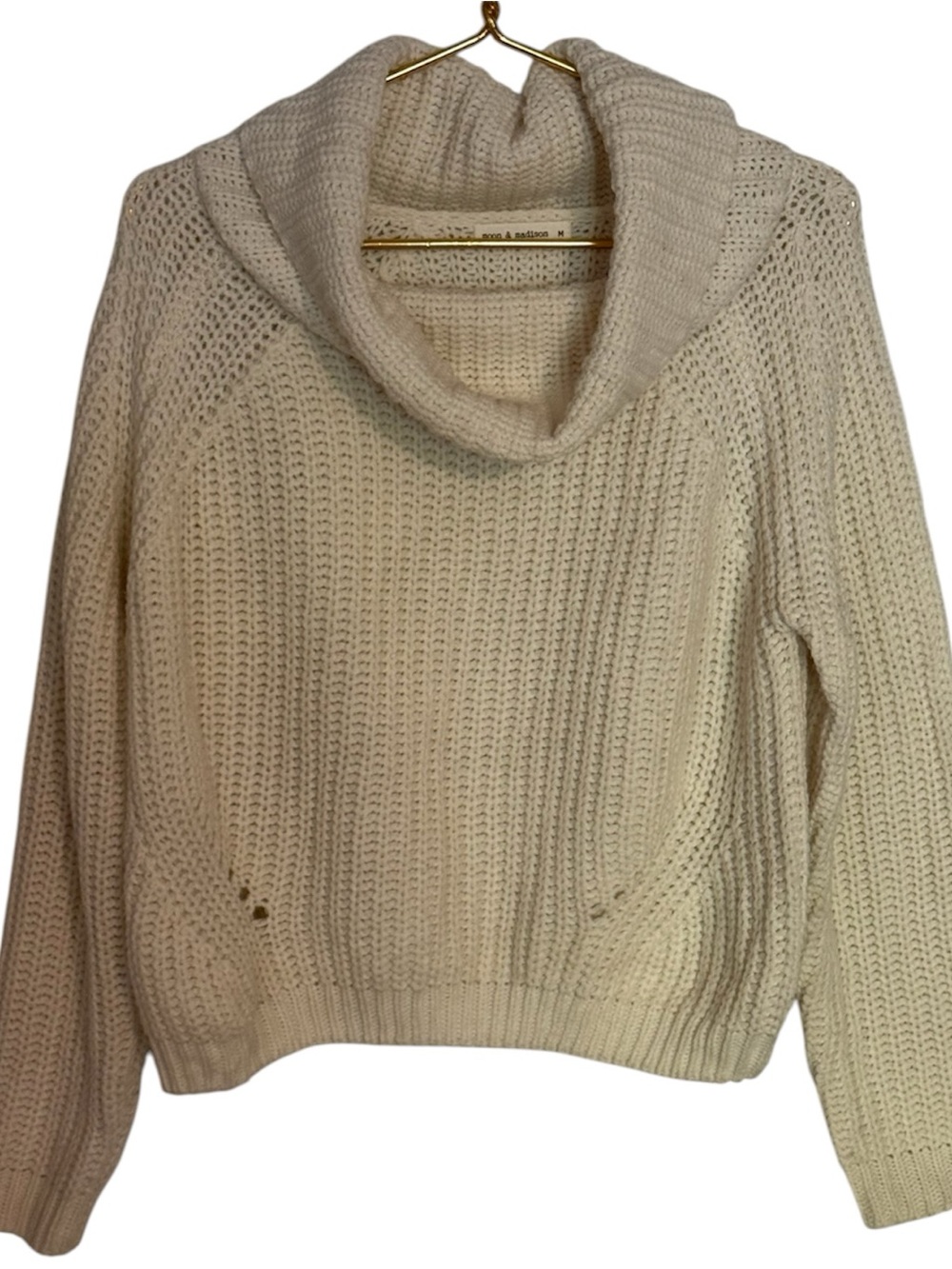 Anthropologie Moon & Madison Ivory Cowl Neck Crochet Sweater sz Med Butter Mom